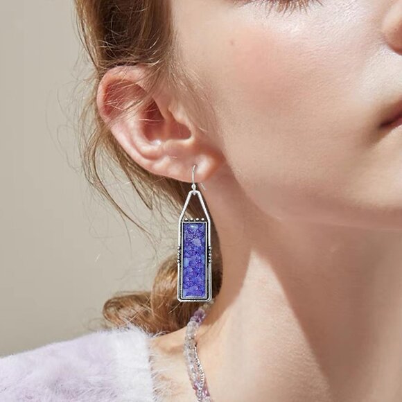 Purple Handmade Bohemian Tribal Retro Colorful Square Bar Dangle Drop Earring - Picture 2 of 6